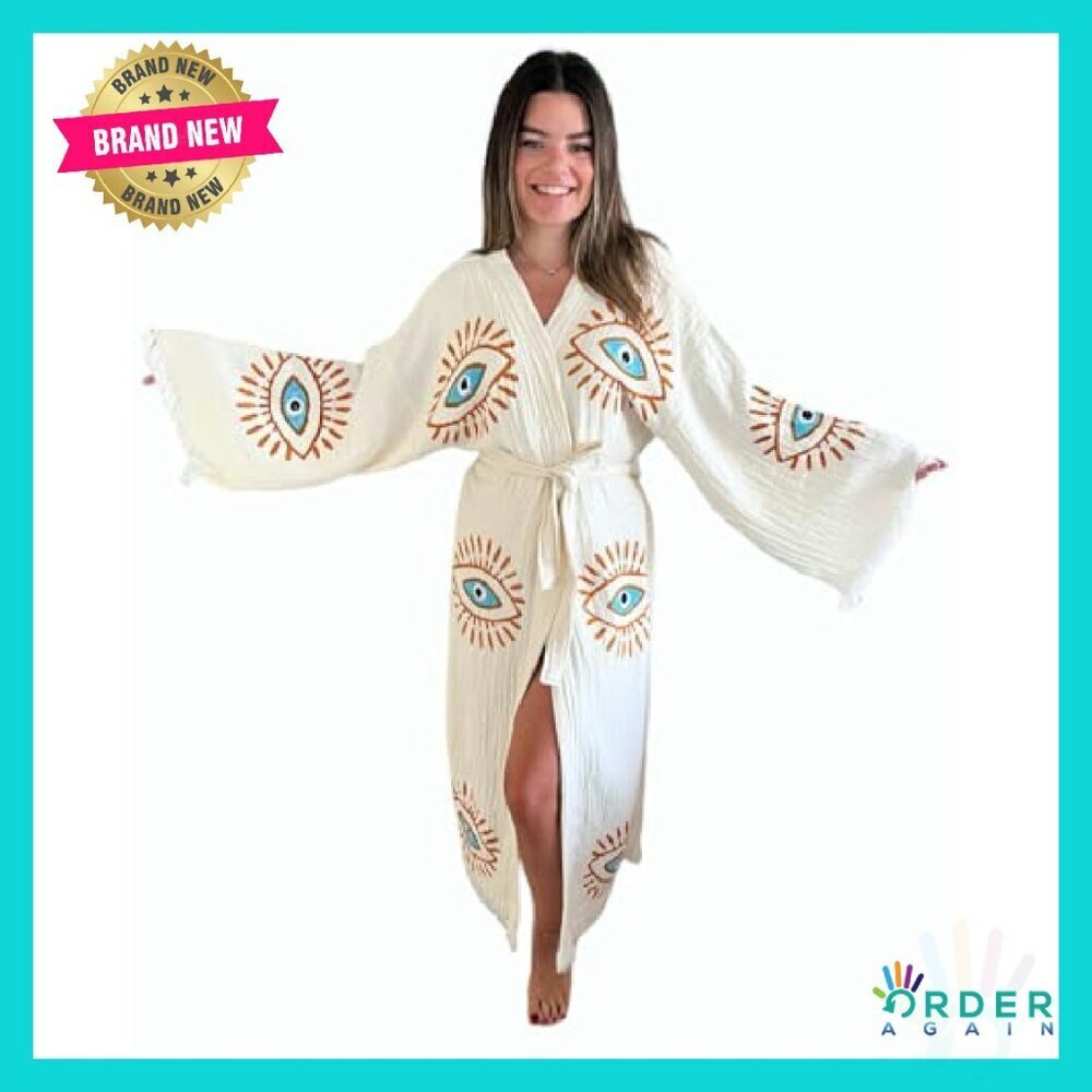 Handmade Evil Eye Kimono Boho Cotton Cardigan Festival Beach Cover Up - Picture 2 of 8